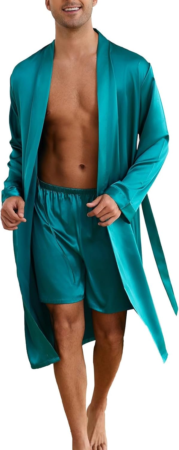 ZUEVI Men's Kimono Robe Set Silk Satin Long Sleeve Bathrobe with Shorts 2 PCS Sleepwear Pjs Sets