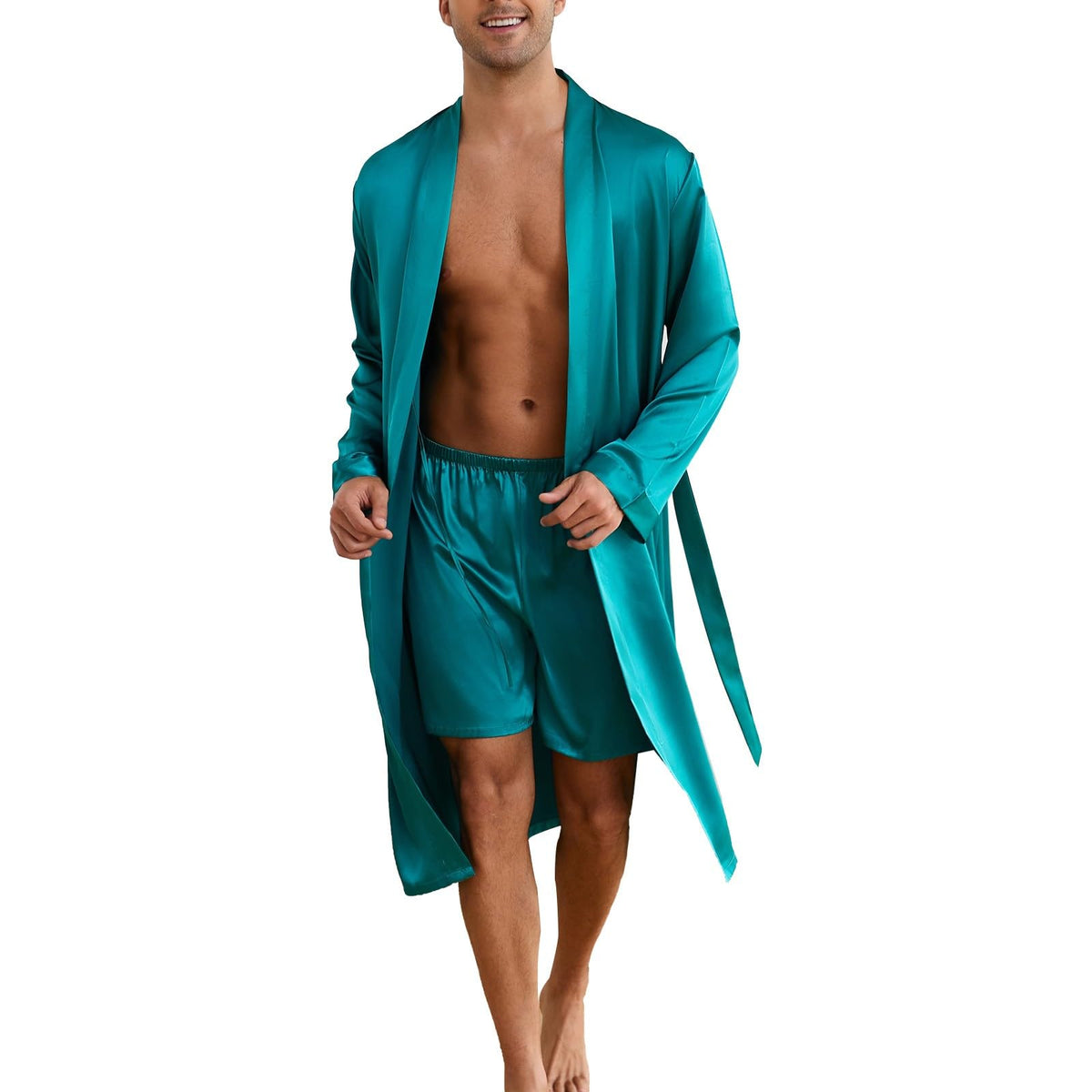 ZUEVI Men's Kimono Robe Set Silk Satin Long Sleeve Bathrobe with Shorts 2 PCS Sleepwear Pjs Sets