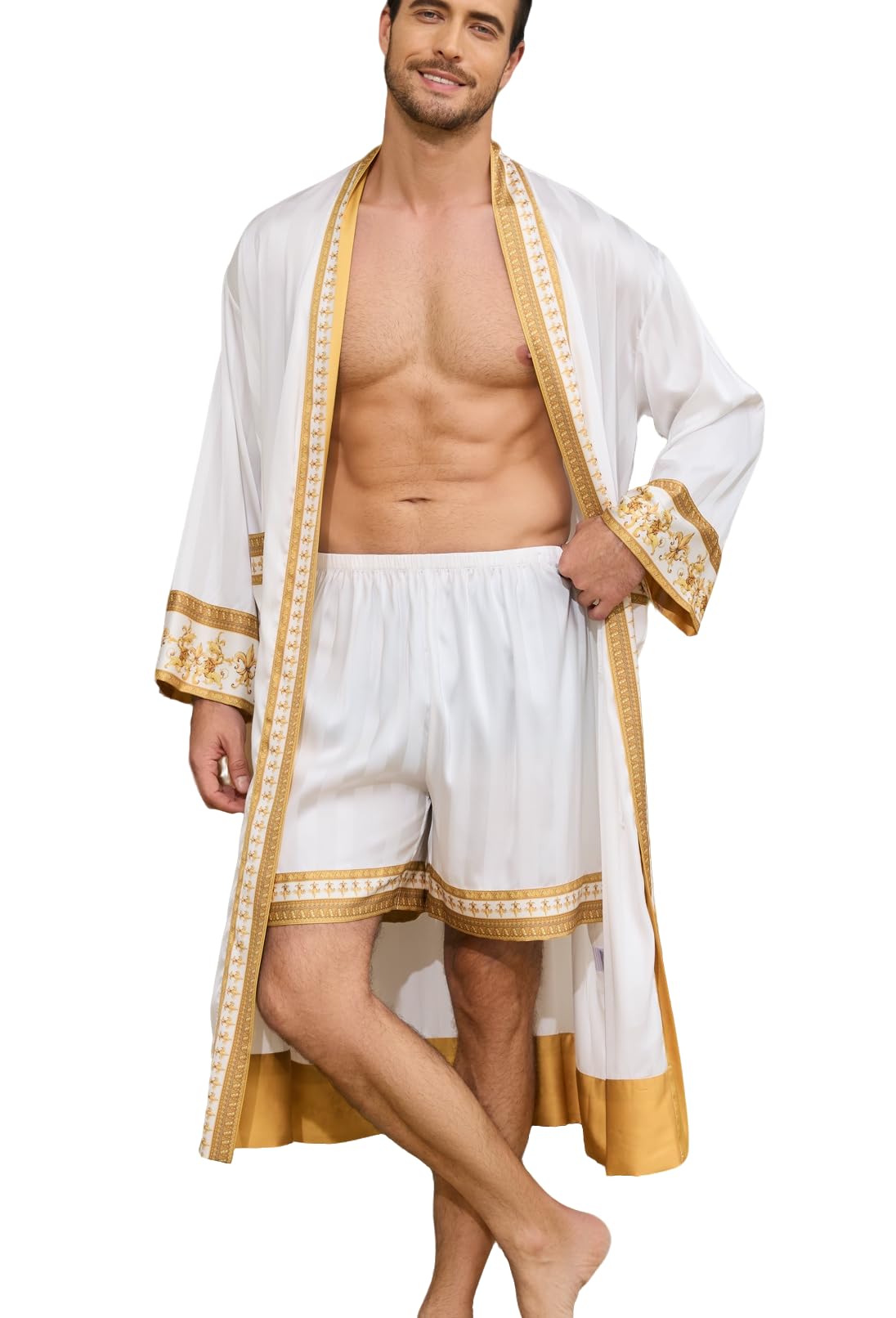 Men's Satin Robe Luxurious Kimono Bathrobe with Shorts Lightweight Soft Loungewear Nightwear with Pockets