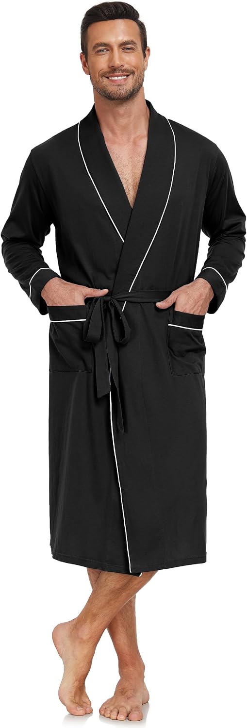 CF Men's 100% Cotton Robe Lightweight Bathrobe Long Sleeve Knit Kimono Sleepwear Soft Knee Length Shower Robe with Pockets