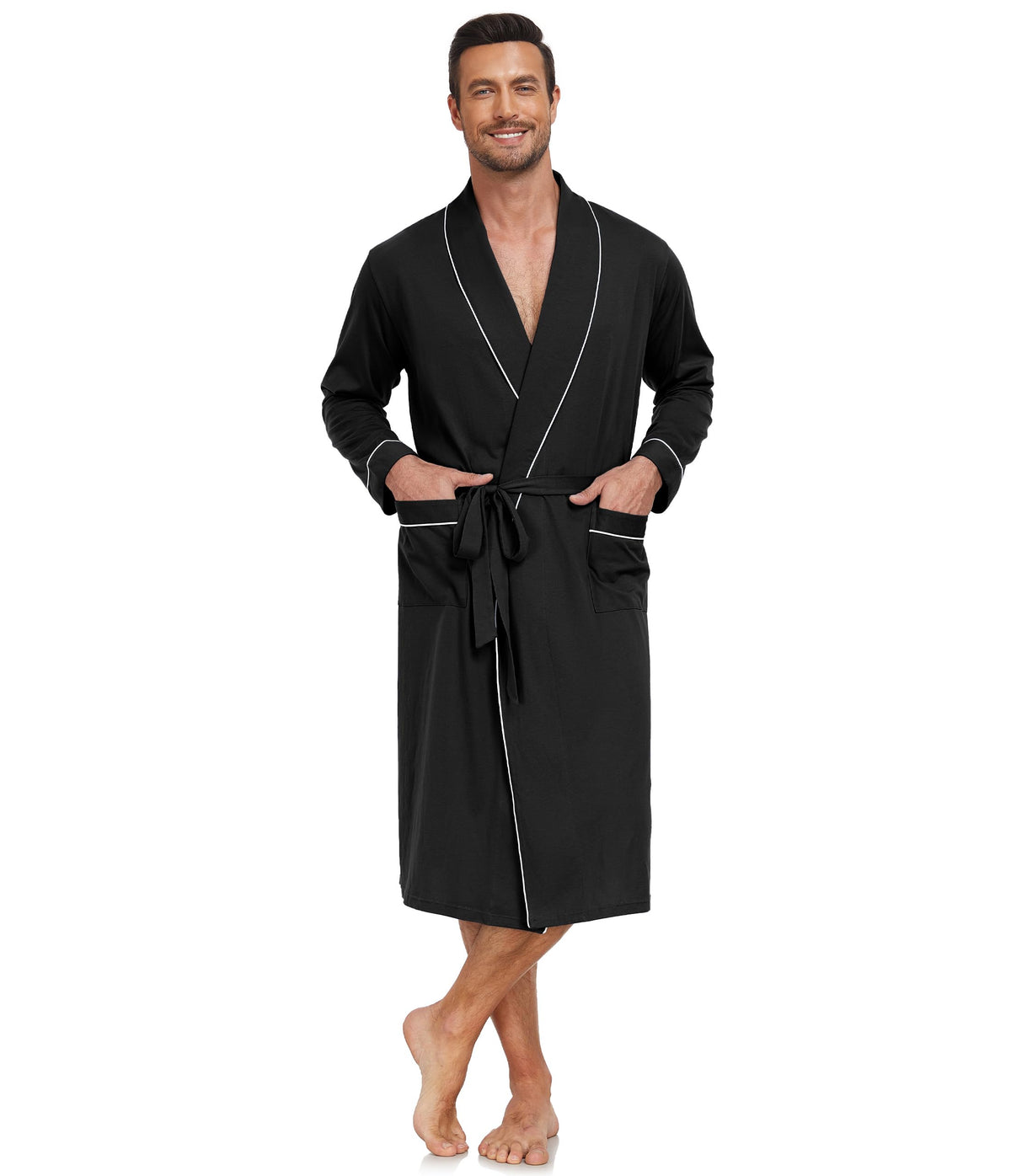 CF Men's 100% Cotton Robe Lightweight Bathrobe Long Sleeve Knit Kimono Sleepwear Soft Knee Length Shower Robe with Pockets