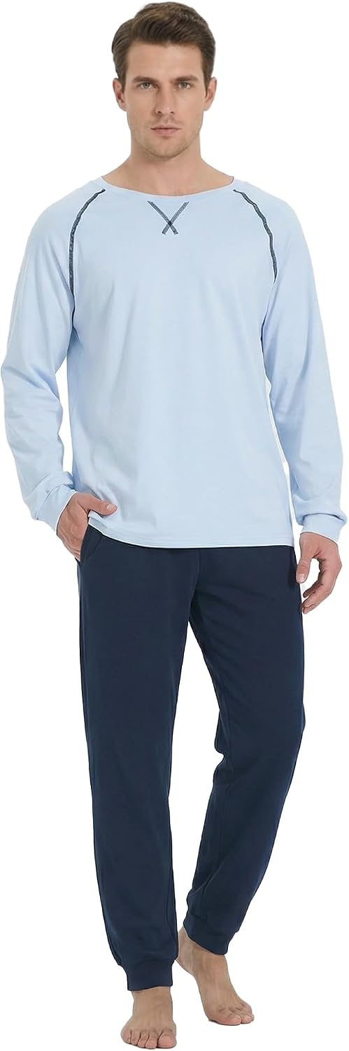 U2SKIIN Mens Organic Cotton Pajama Set Crew Neck Long Sleeve Sleepwear Pjs