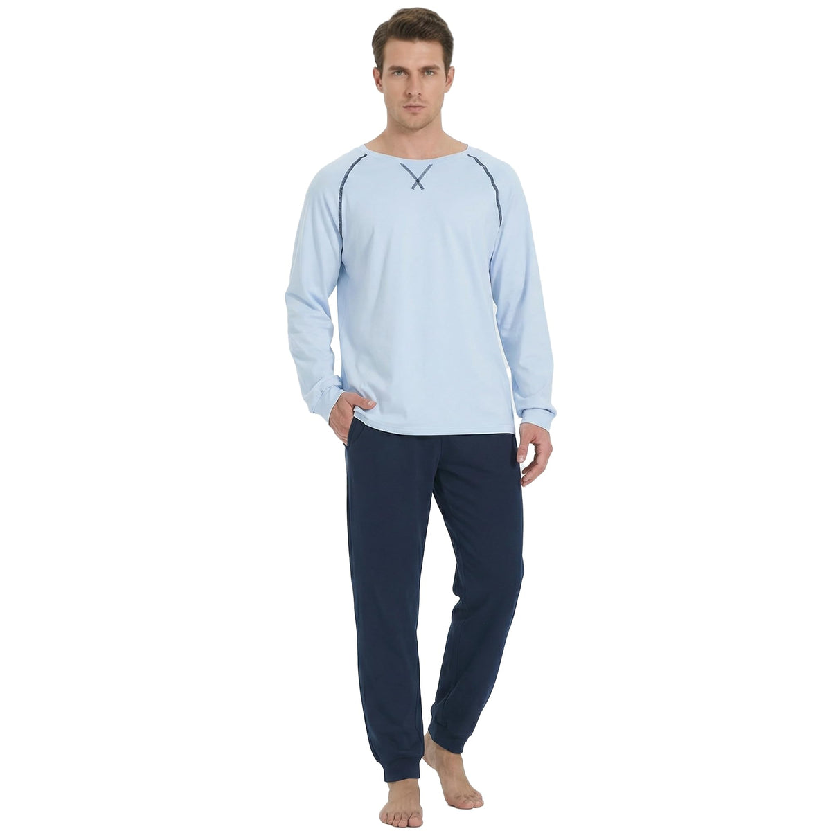 U2SKIIN Mens Organic Cotton Pajama Set Crew Neck Long Sleeve Sleepwear Pjs