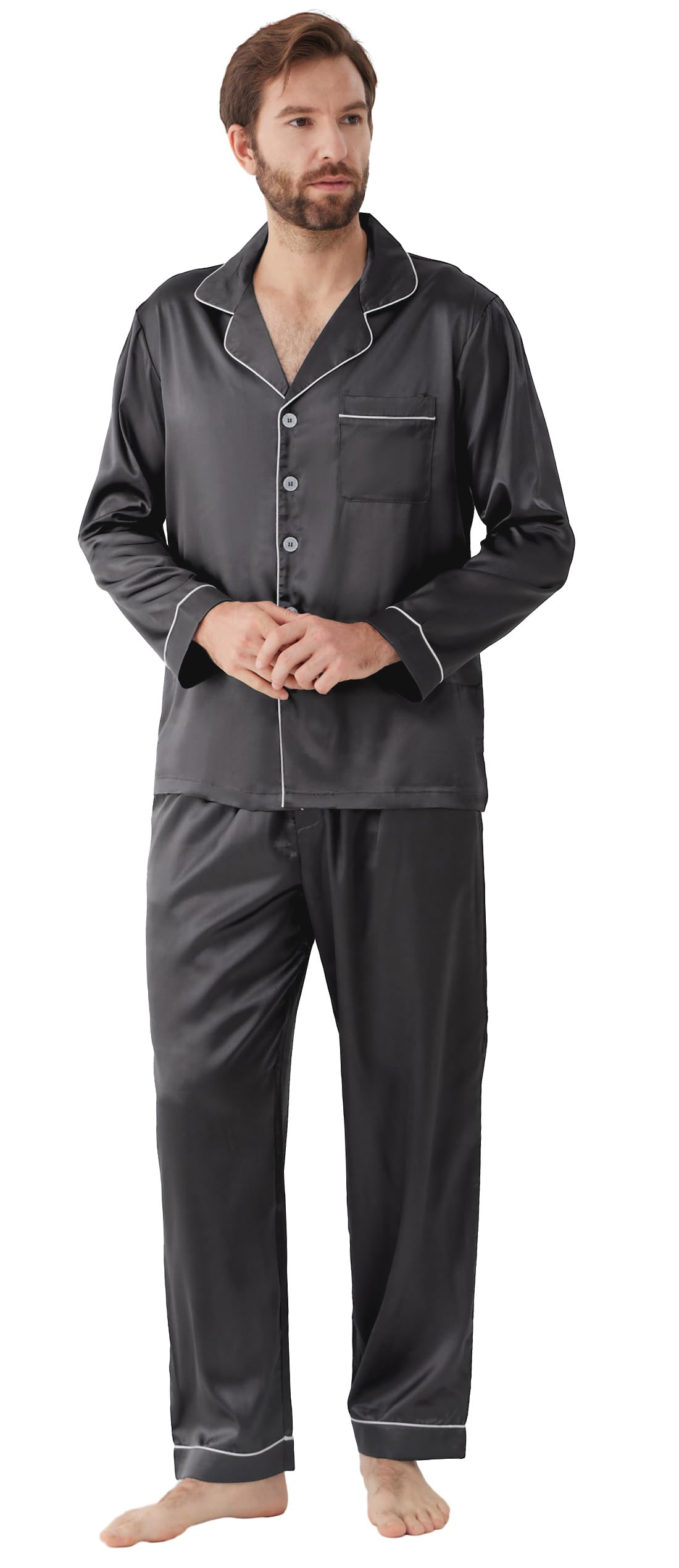 YIMANIE Mens Pajamas Silk Satin Pajamas for Men Soft Sleepwear Button Down Loungewear with Pockets