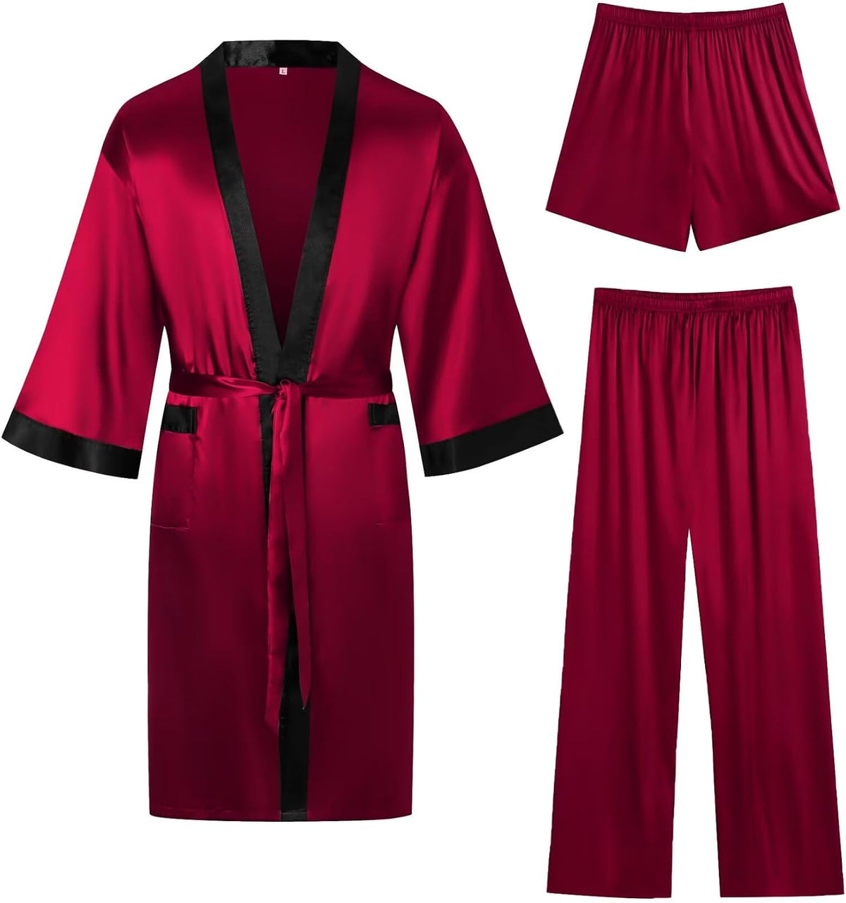 SWOMOG 3Pcs Men's Satin Robe Silk Satin Kimono Bathrobe with Shorts&Pants Set Soft Lightweight Nightwear