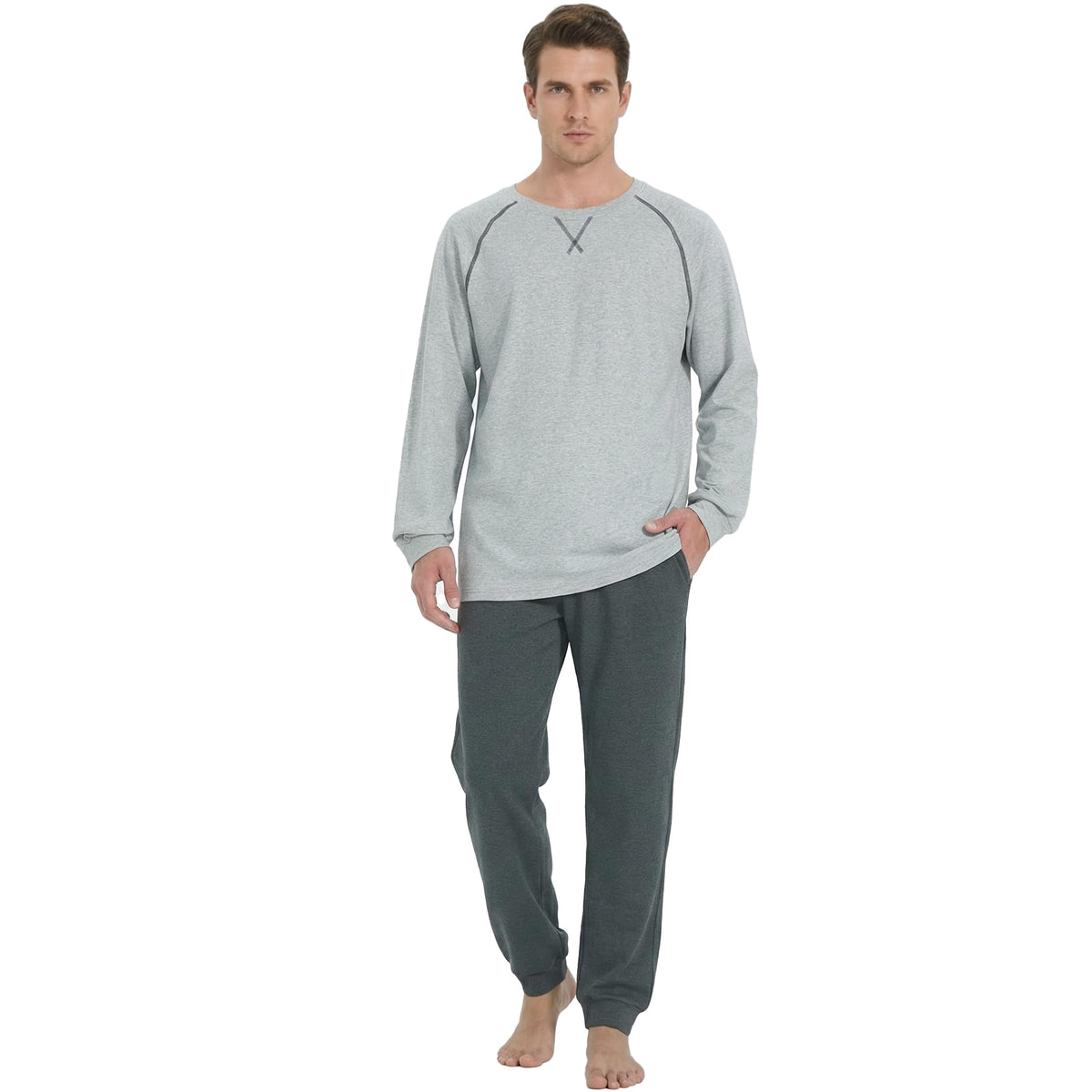 U2SKIIN Mens Organic Cotton Pajama Set Crew Neck Long Sleeve Sleepwear Pjs