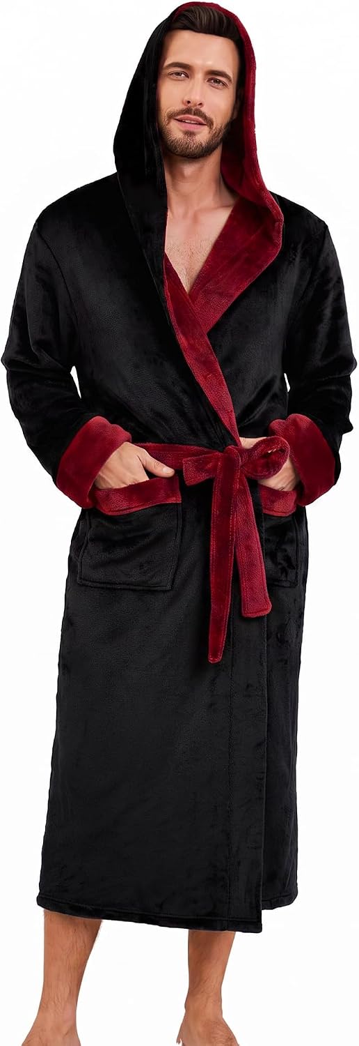 Men's Hooded Robe, Soft Warm Fleece Long Bathrobe with Pockets