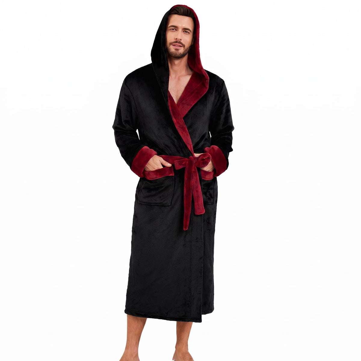 Men's Hooded Robe, Soft Warm Fleece Long Bathrobe with Pockets