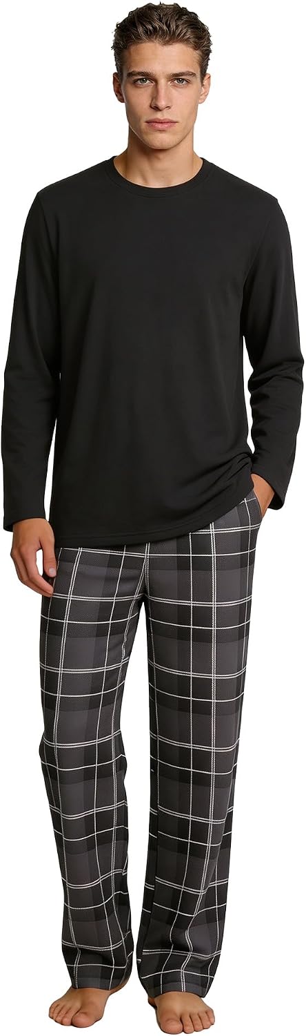 Vulcanodon Mens Pajama Set Soft Cozy Long Sleeve Crewneck Sleepwear Plaid Pants with Pockets Casual Loungewear for Men