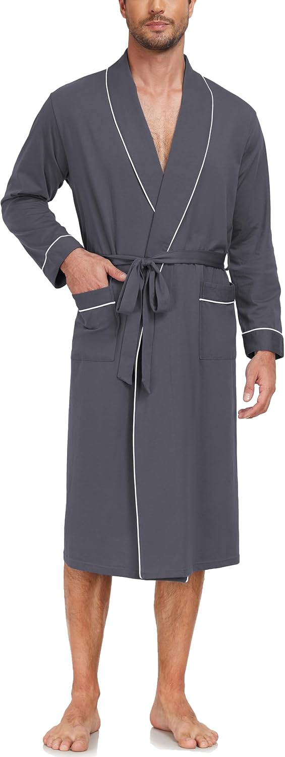 EA'S SECRET Men's 100% Cotton Robes Lightweight Long Sleeve Kimono Bathrobe Soft Over the Knee Sleepwear