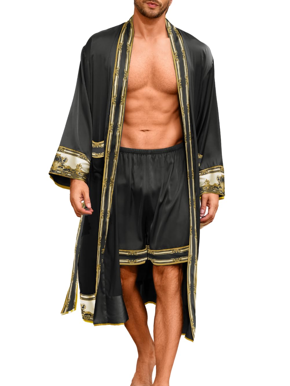 ChiaoLezhee Men's Luxury Silky Robe & Shorts Set, 2PC Lightweight Satin Pajamas with Pockets, Opulent Baroque Kimono Gifts