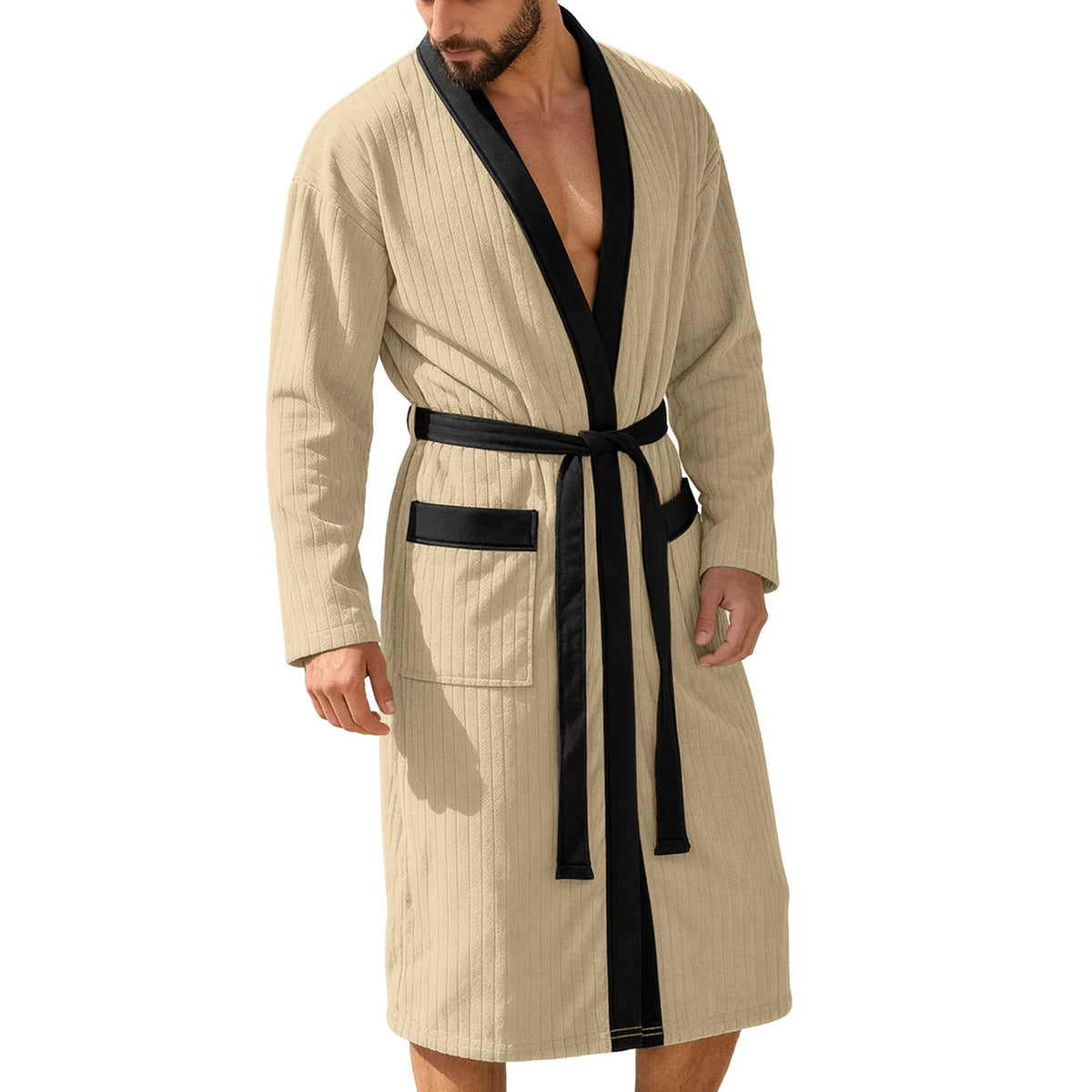 Mens Robes Lightweight Mid Length Summer Robe Comfy Soft Dude Robe with Pockets Long Sleeve Kimono Bathrobe Sleepwear