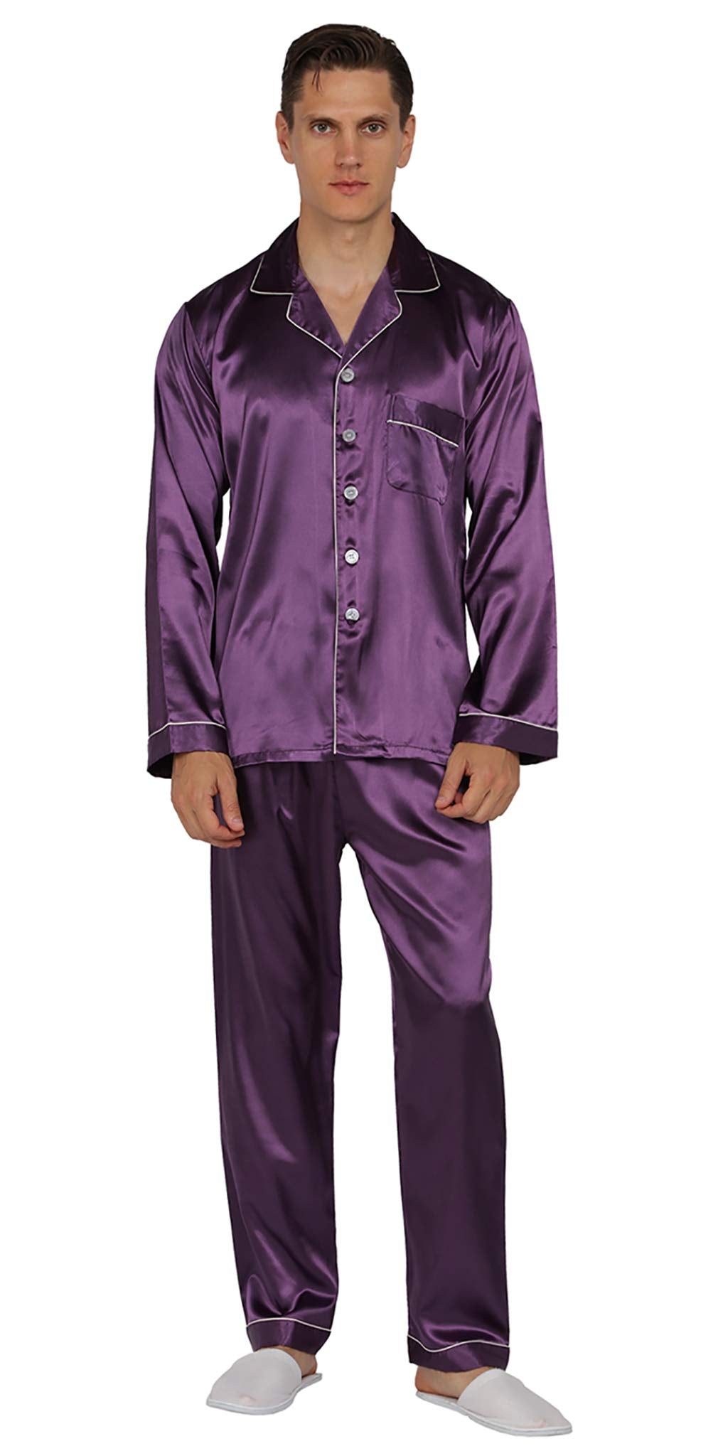 YIMANIE Mens Pajamas Silk Satin Pajamas for Men Soft Sleepwear Button Down Loungewear with Pockets
