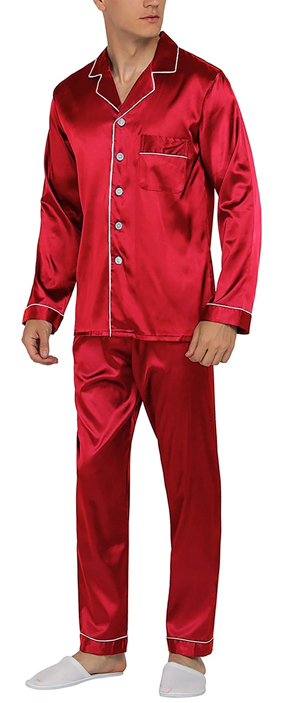 YIMANIE Mens Pajamas Silk Satin Pajamas for Men Soft Sleepwear Button Down Loungewear with Pockets