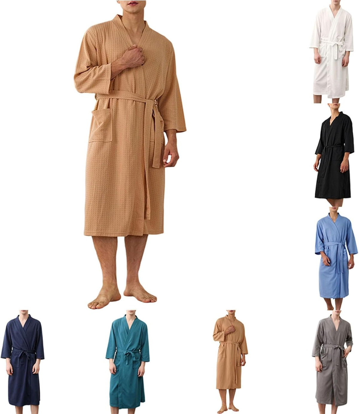 Lmdudan Men's Waffle Robe 3/4 Sleeve Kimono Bathrobe with Pockets and Belt