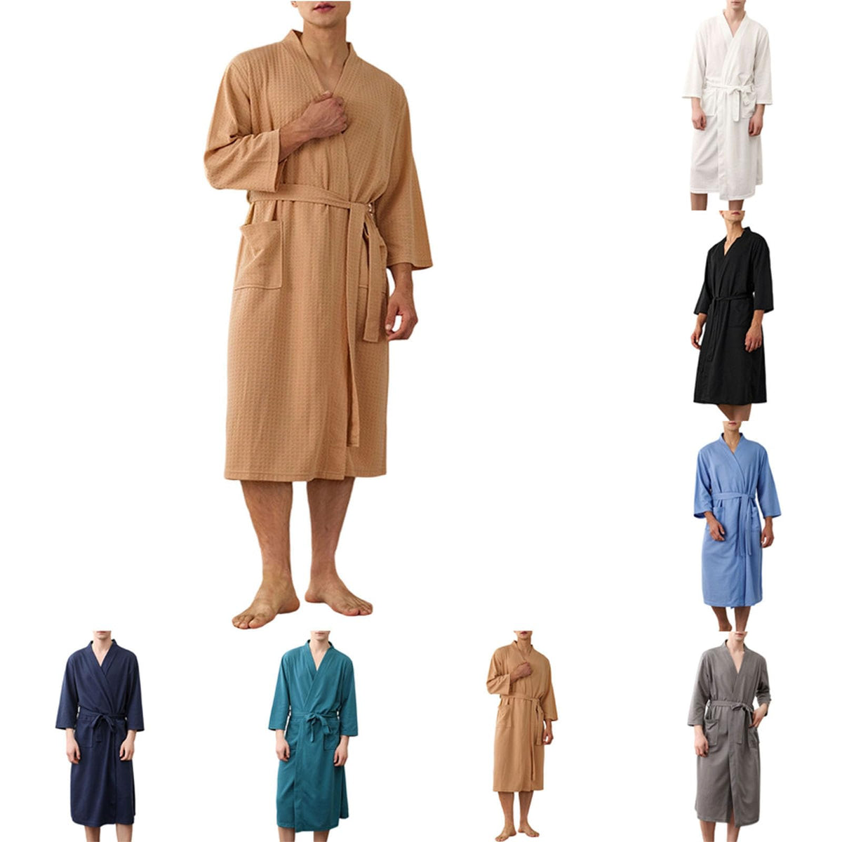 Lmdudan Men's Waffle Robe 3/4 Sleeve Kimono Bathrobe with Pockets and Belt