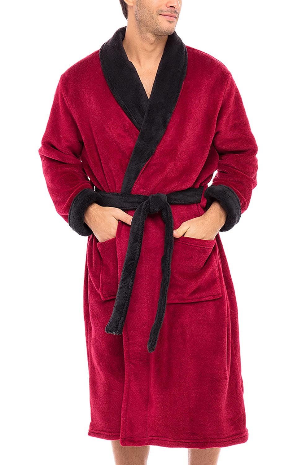 Men's Long Sleeve Lightweight Fleece Robe with Pockets, Bathrobe