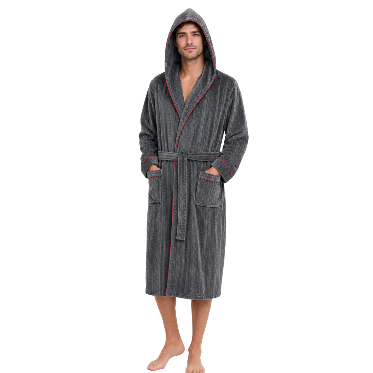 Mens Hooded Fleece Robe Plush Stretch Bathrobe