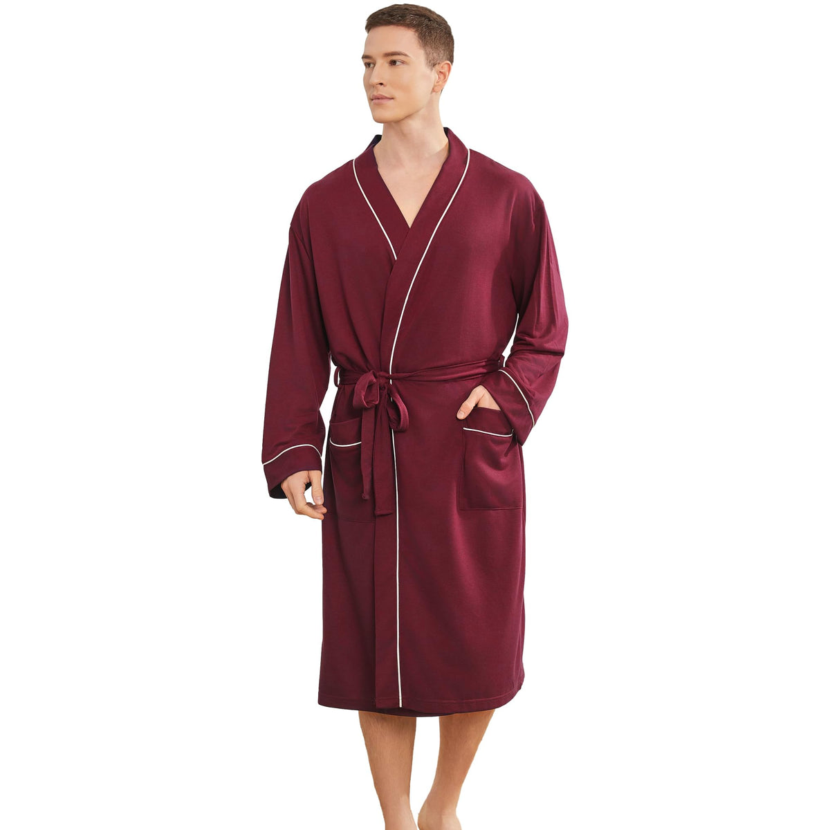 Mens Lightweight Robe, Knit Kimono Bathrobe Spa Sleepwear Soft Knee Length Robe With Pockets