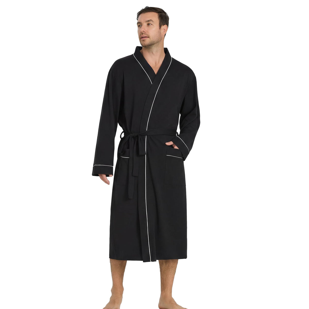 Vulcanodon Mens Organic Cotton Robe, Soft Kimono Bathrobe with Pockets