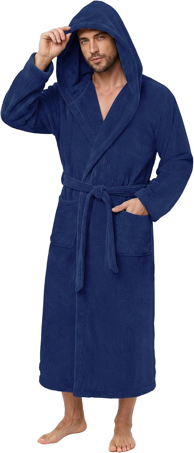 PJGGZ Men's Bathrobes with Hood, Soft Long Towel Robe for Men - Super Absorbent Quick Dry yet Warm
