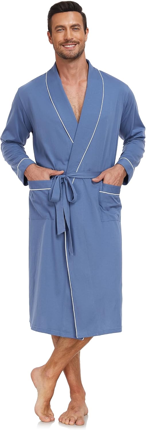 EA'S SECRET Men's 100% Cotton Robes Lightweight Long Sleeve Kimono Bathrobe Soft Over the Knee Sleepwear