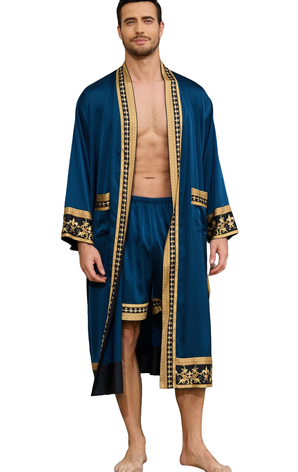 Men's Satin Robe Luxurious Kimono Bathrobe with Shorts Lightweight Soft Loungewear Nightwear with Pockets