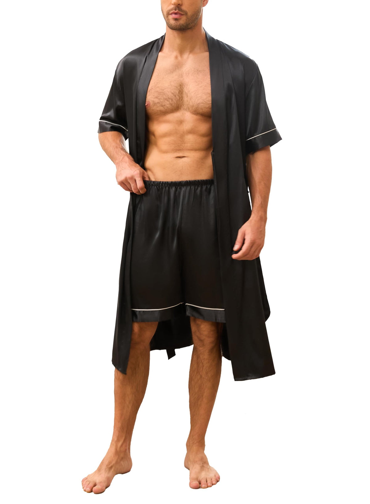 VOGMATE Men's Kimono Robe with Shorts 2 Pieces Silky Pajama Set Lightweight Satin Bathrobe Soft Sleepwear