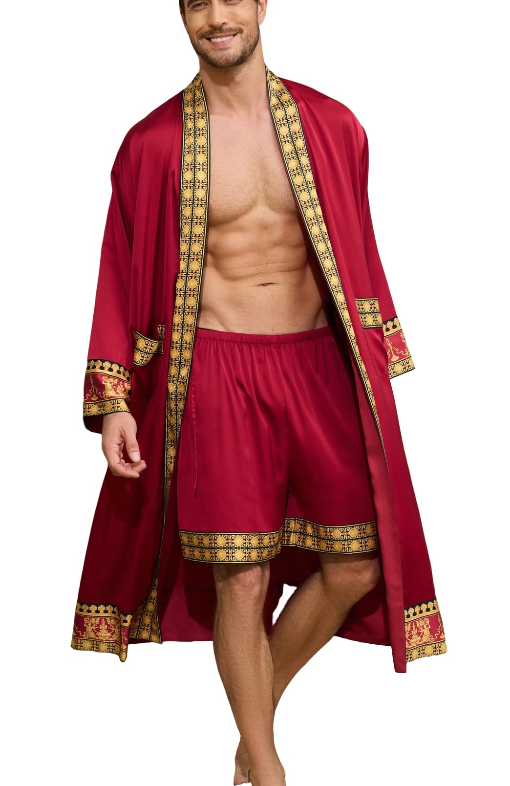 Men's Satin Robe Luxurious Kimono Bathrobe with Shorts Lightweight Soft Loungewear Nightwear with Pockets