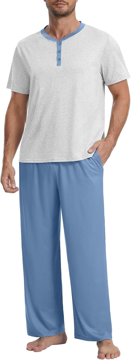 Mens Pajamas Set Henley Neckline Lightweight Sleepwear Pjs S-3XL