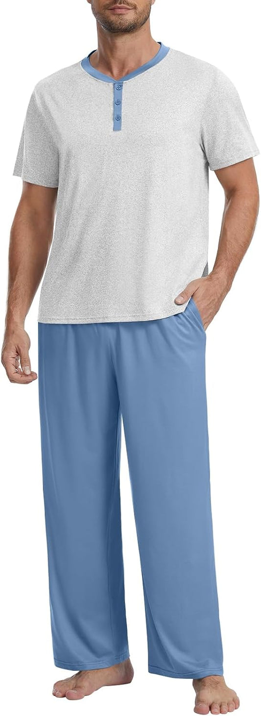 Mens Pajamas Set Henley Neckline Lightweight Sleepwear Pjs S-3XL