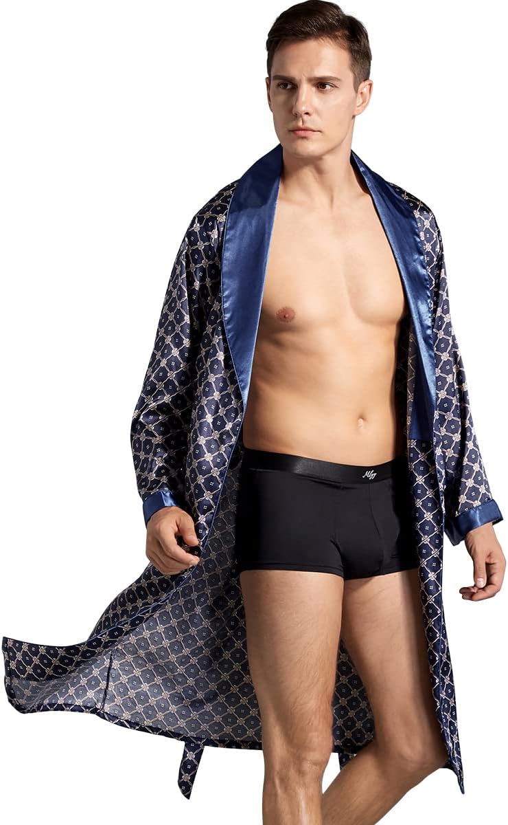 Haseil Men's Satin Robe Dragon Luxurious Silk Spa Long Sleeve House Kimono Bathrobe