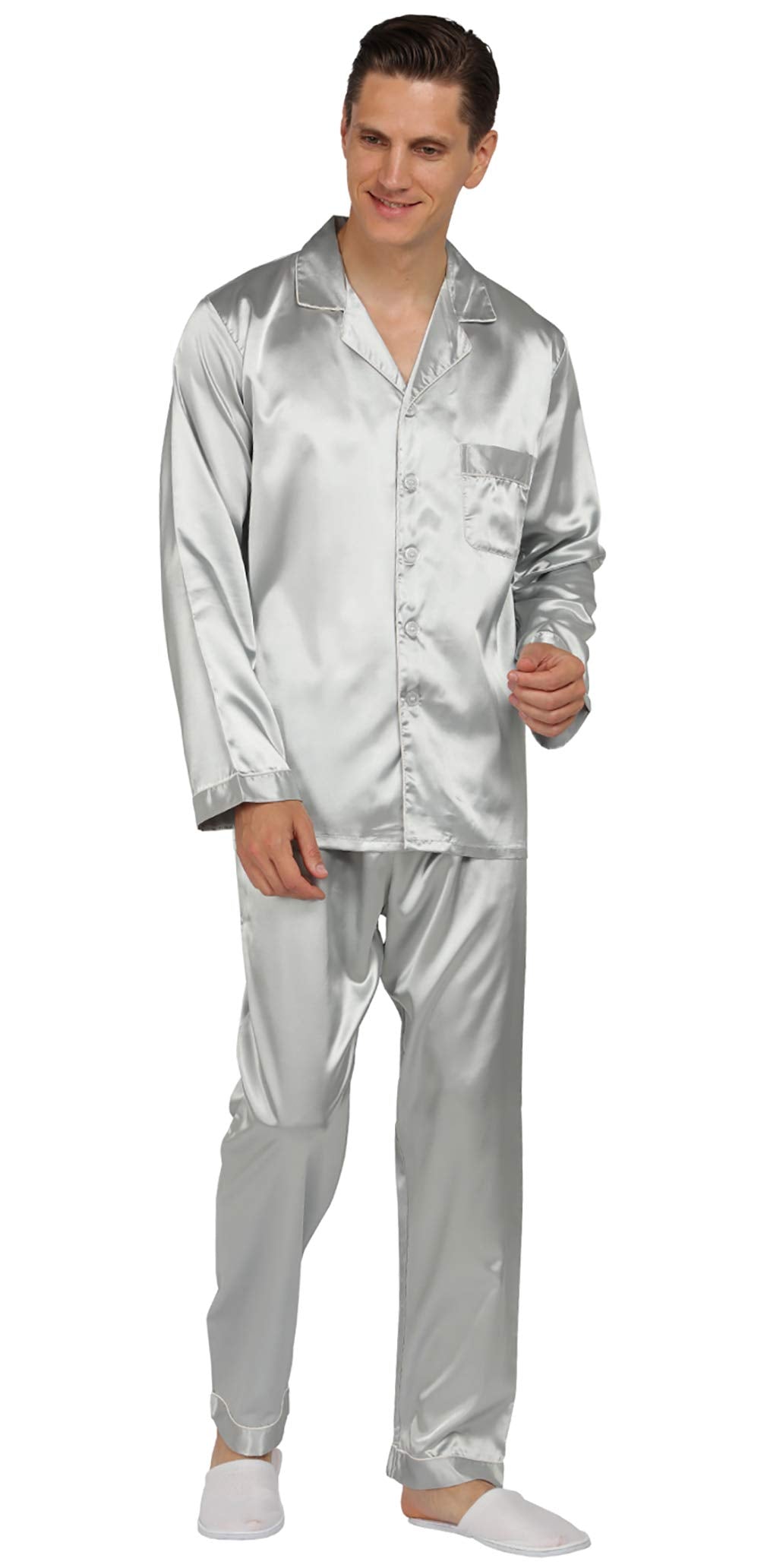 YIMANIE Mens Pajamas Silk Satin Pajamas for Men Soft Sleepwear Button Down Loungewear with Pockets