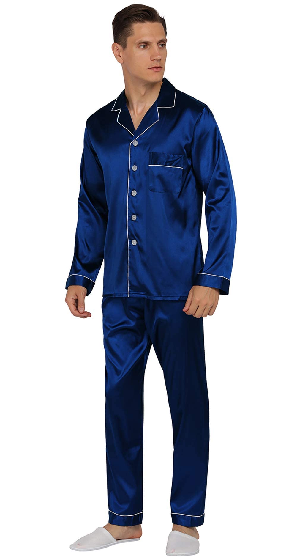 YIMANIE Mens Pajamas Silk Satin Pajamas for Men Soft Sleepwear Button Down Loungewear with Pockets