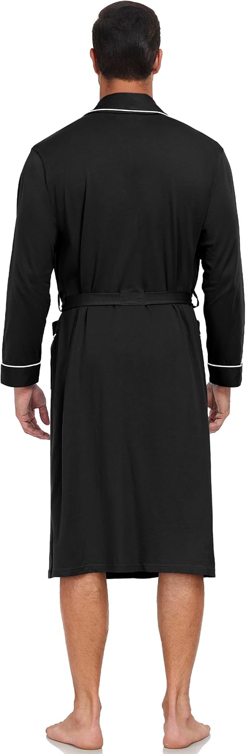 CF Men's 100% Cotton Robe Lightweight Bathrobe Long Sleeve Knit Kimono Sleepwear Soft Knee Length Shower Robe with Pockets