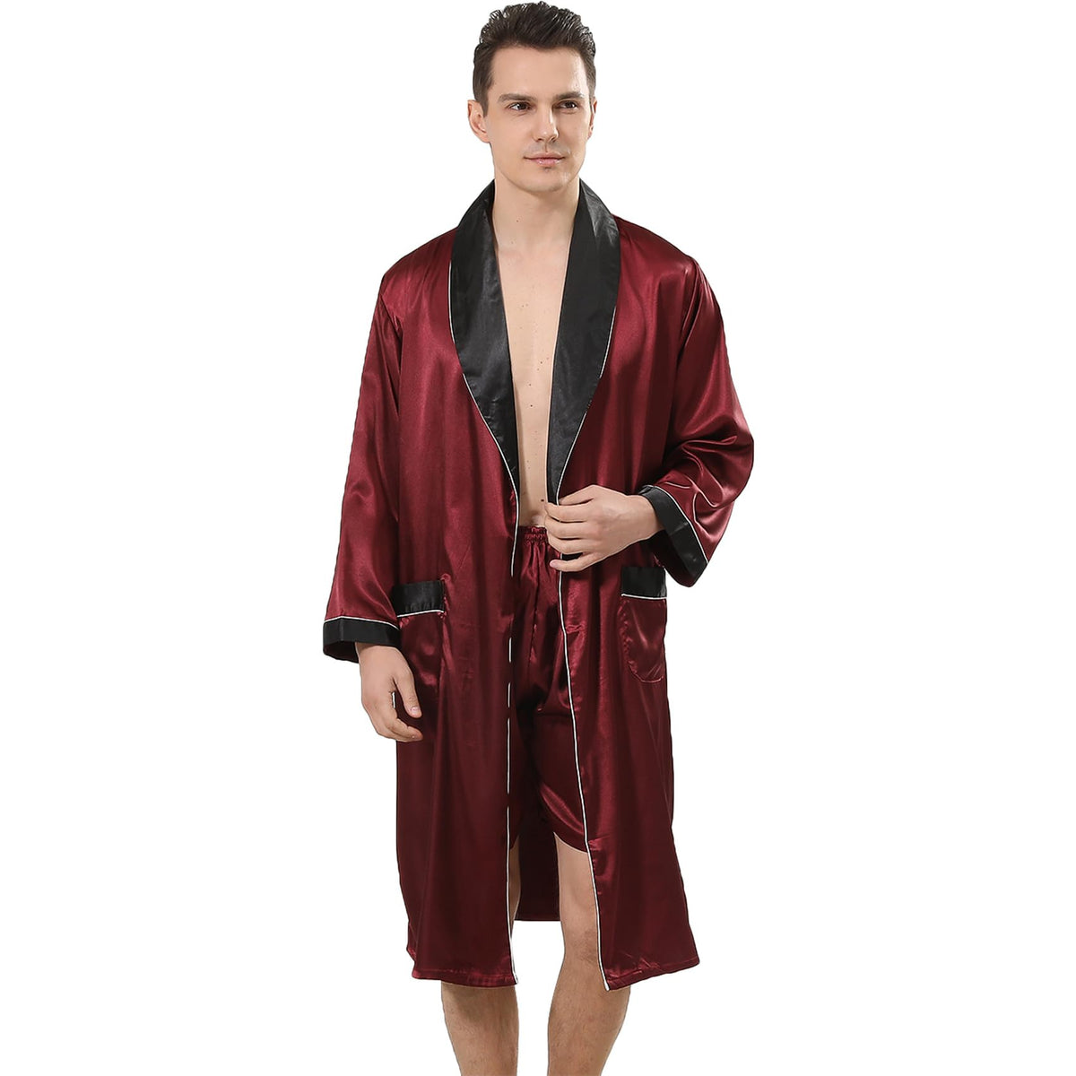 Haseil Men's Luxurious Kimono Robe with Shorts Silk Satin Bathrobes Lightweight Long Sleeve Sleepwear Set