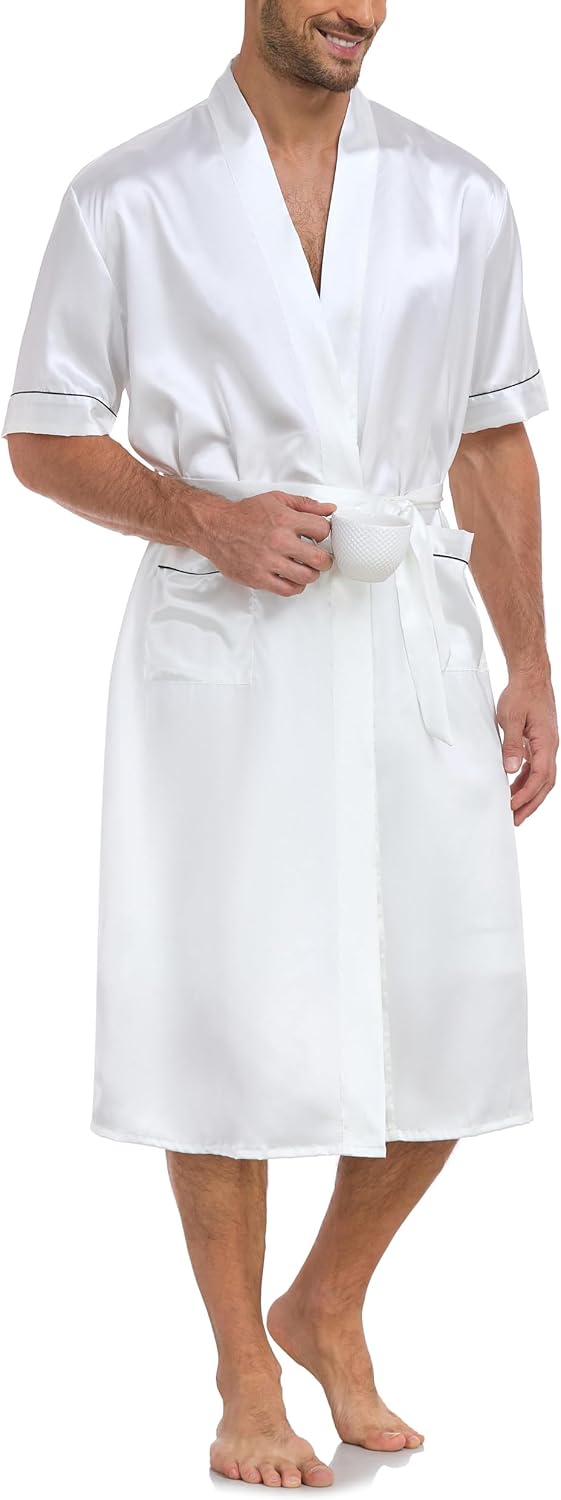 VOGMATE Men's Kimono Robe with Shorts 2 Pieces Silky Pajama Set Lightweight Satin Bathrobe Soft Sleepwear