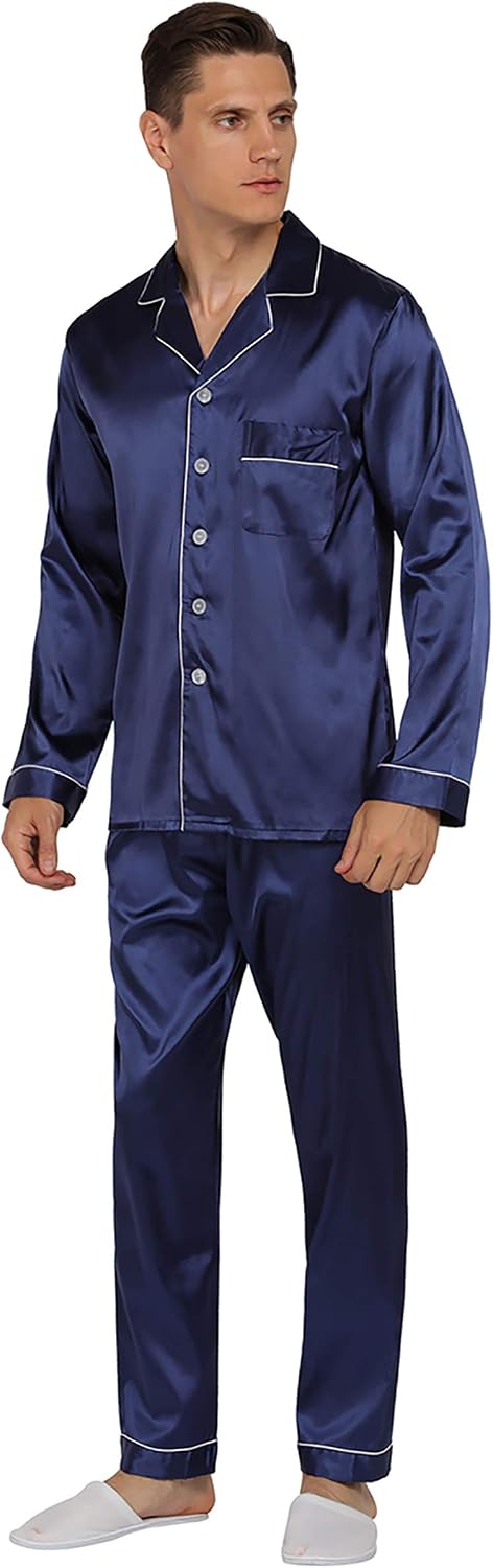 YIMANIE Mens Pajamas Silk Satin Pajamas for Men Soft Sleepwear Button Down Loungewear with Pockets
