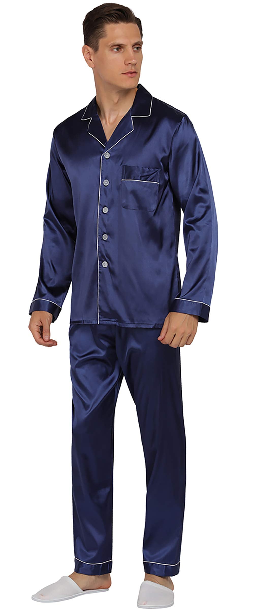 YIMANIE Mens Pajamas Silk Satin Pajamas for Men Soft Sleepwear Button Down Loungewear with Pockets