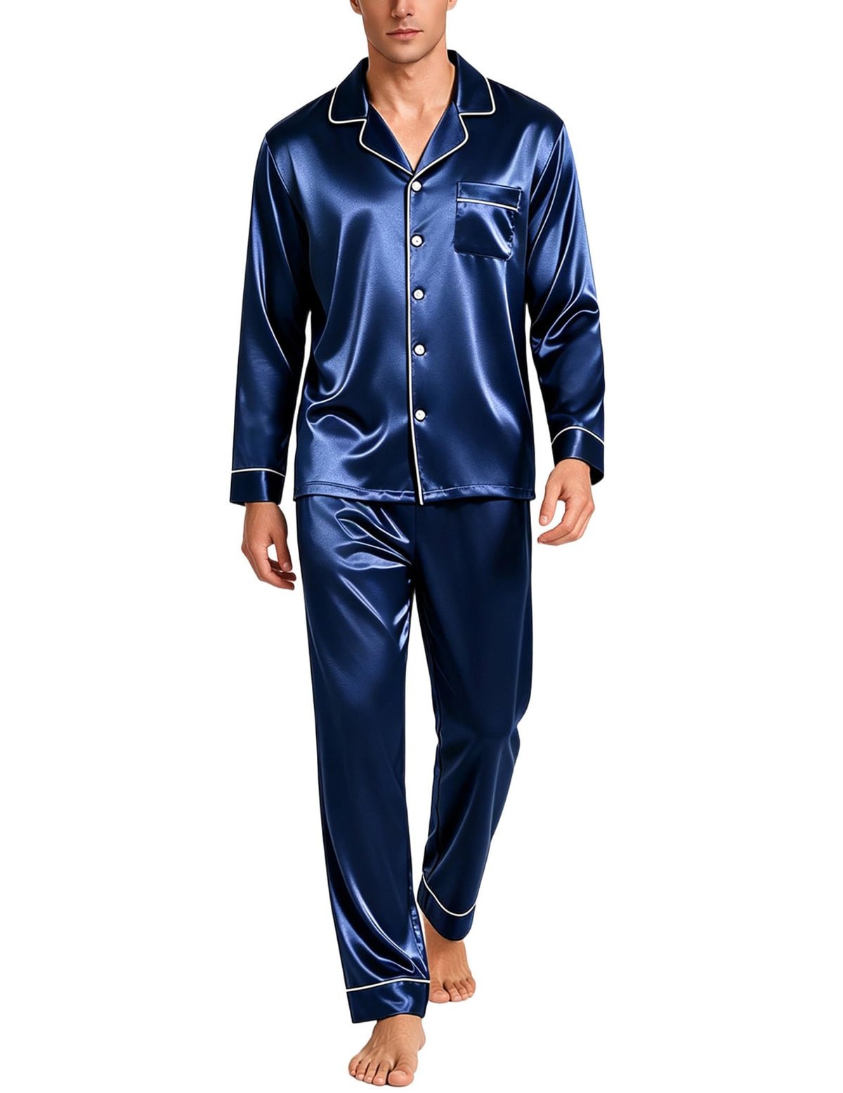 SWOMOG Mens Silk Satin Pajamas Set Long Sleeve Sleepwear Button-Down Pj Two-piece Loungewear with Long Pants S-XXL