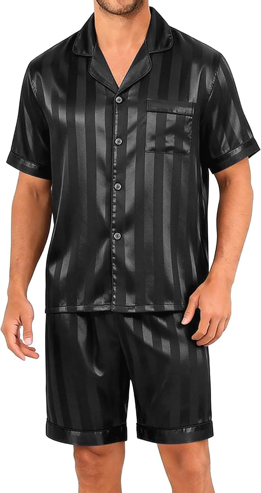 Sykooria Mens Pajamas Set Silk Satin Sleepwear 2 Piece Short Sleeve Loungewear Button Down Pj Set S-XXXL