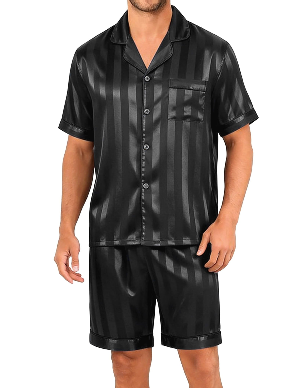 Sykooria Mens Pajamas Set Silk Satin Sleepwear 2 Piece Short Sleeve Loungewear Button Down Pj Set S-XXXL