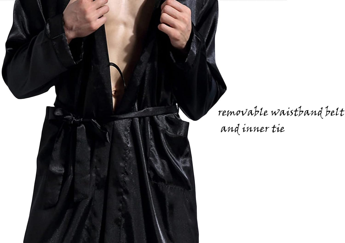 ZUEVI Men's Kimono Robe Silk Satin Long Sleeve Spa Bathrobe Lightweight Soft Silky Pajamas Robes