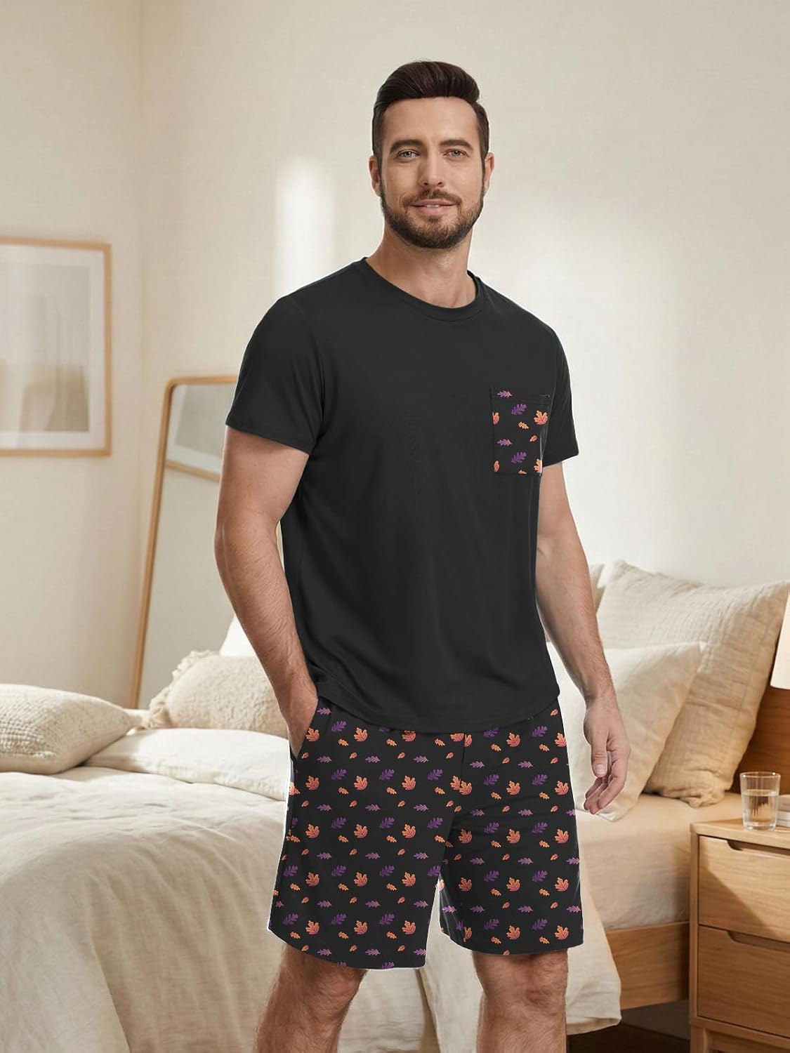 Feiersi Mens Pajama Set Sleepwear Pjs Lightweight Quick Dry Soft Short Sleeve Sleep Set With Pockets