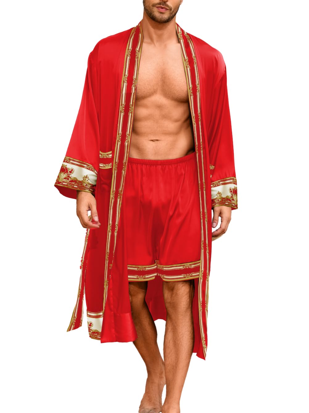 ChiaoLezhee Men's Luxury Silky Robe & Shorts Set, 2PC Lightweight Satin Pajamas with Pockets, Opulent Baroque Kimono Gifts
