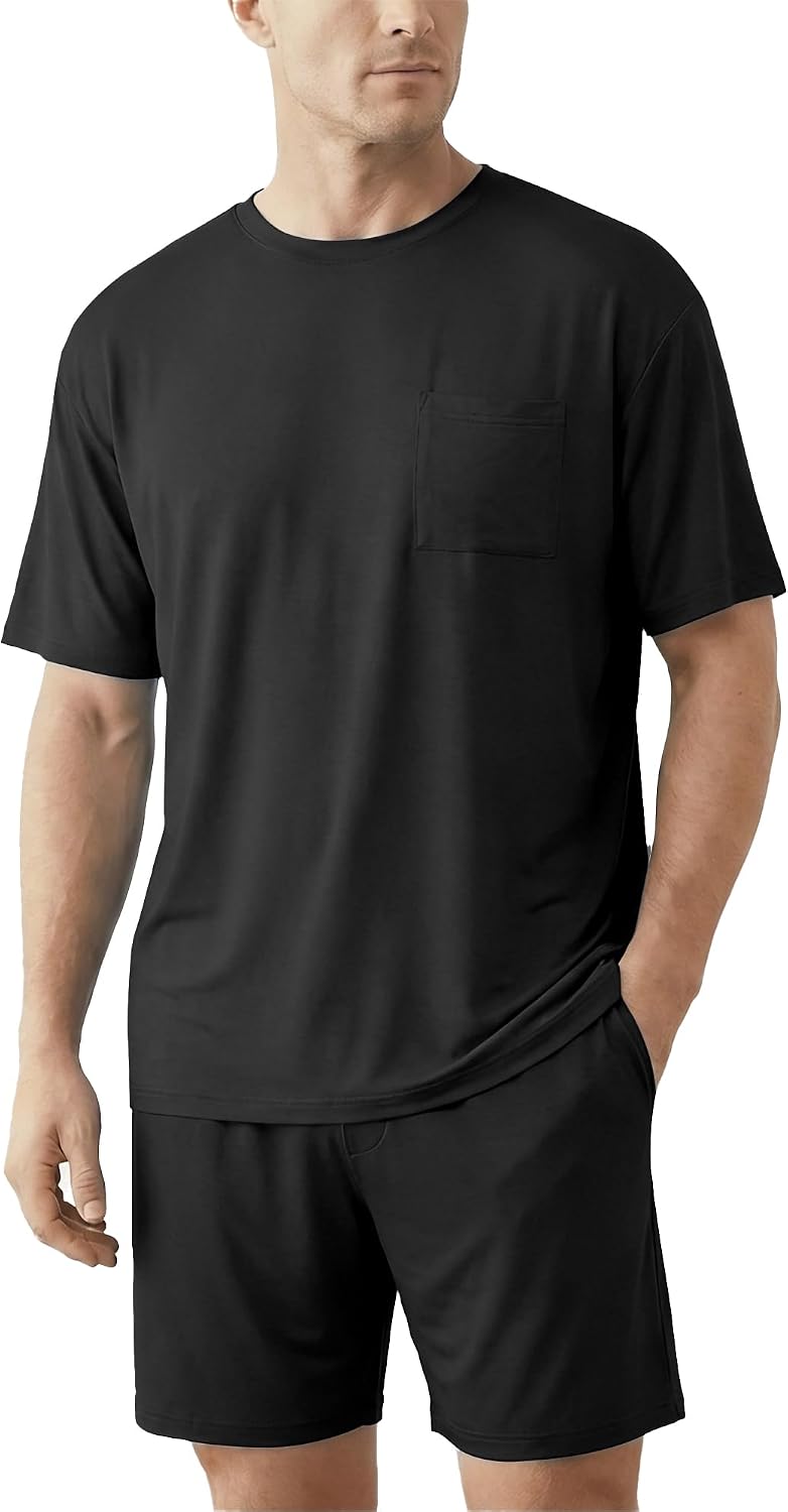Mens Pajamas Set Cooling Viscose Made from Bamboo: Short Sleeve Shirt and Shorts, Soft Sleepwear Loungewear Summer