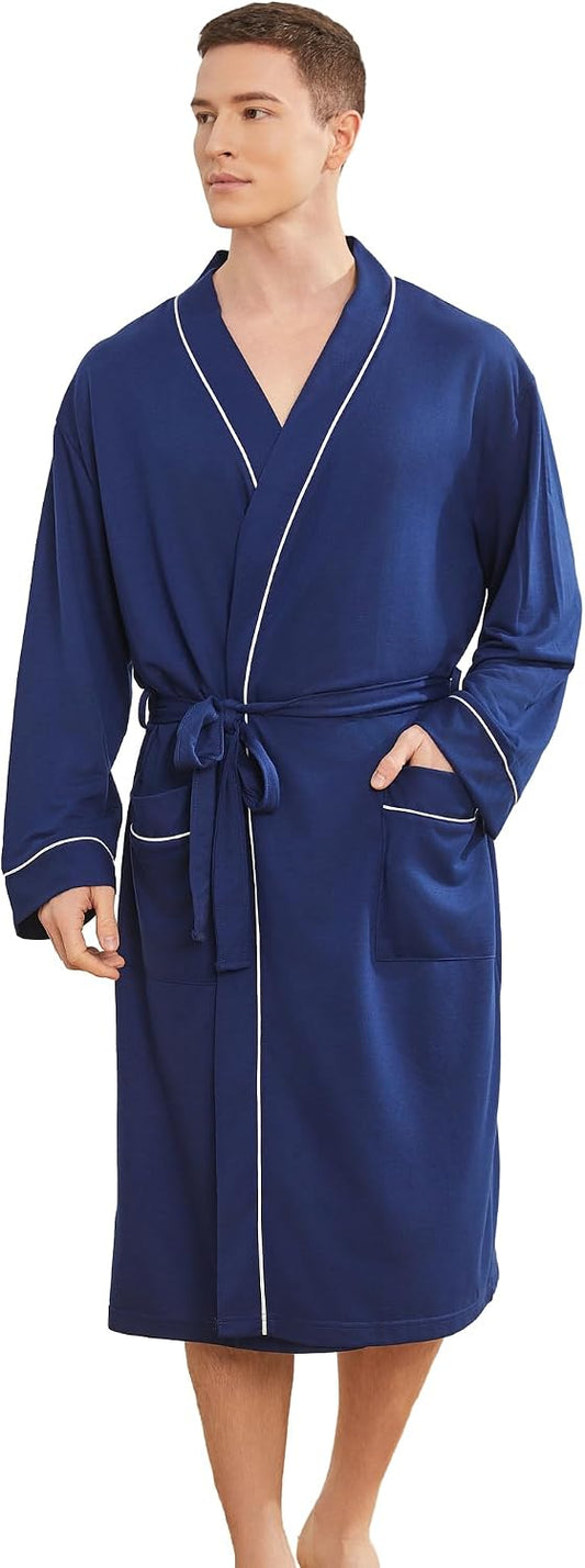 Mens Lightweight Robe, Knit Kimono Bathrobe Spa Sleepwear Soft Knee Length Robe With Pockets