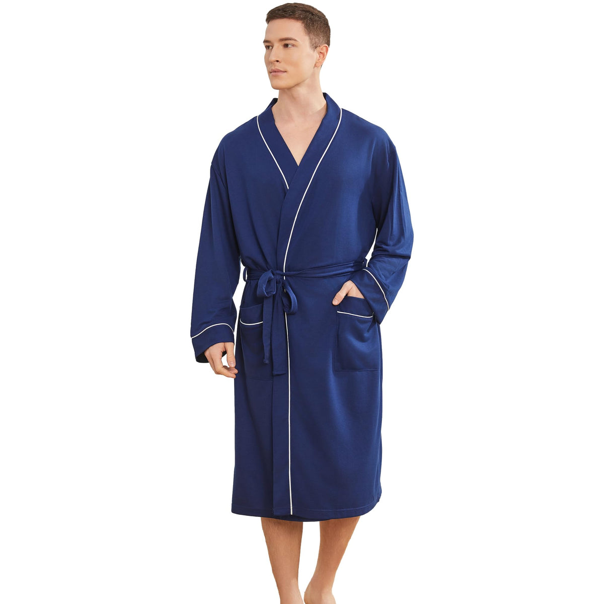 Mens Lightweight Robe, Knit Kimono Bathrobe Spa Sleepwear Soft Knee Length Robe With Pockets