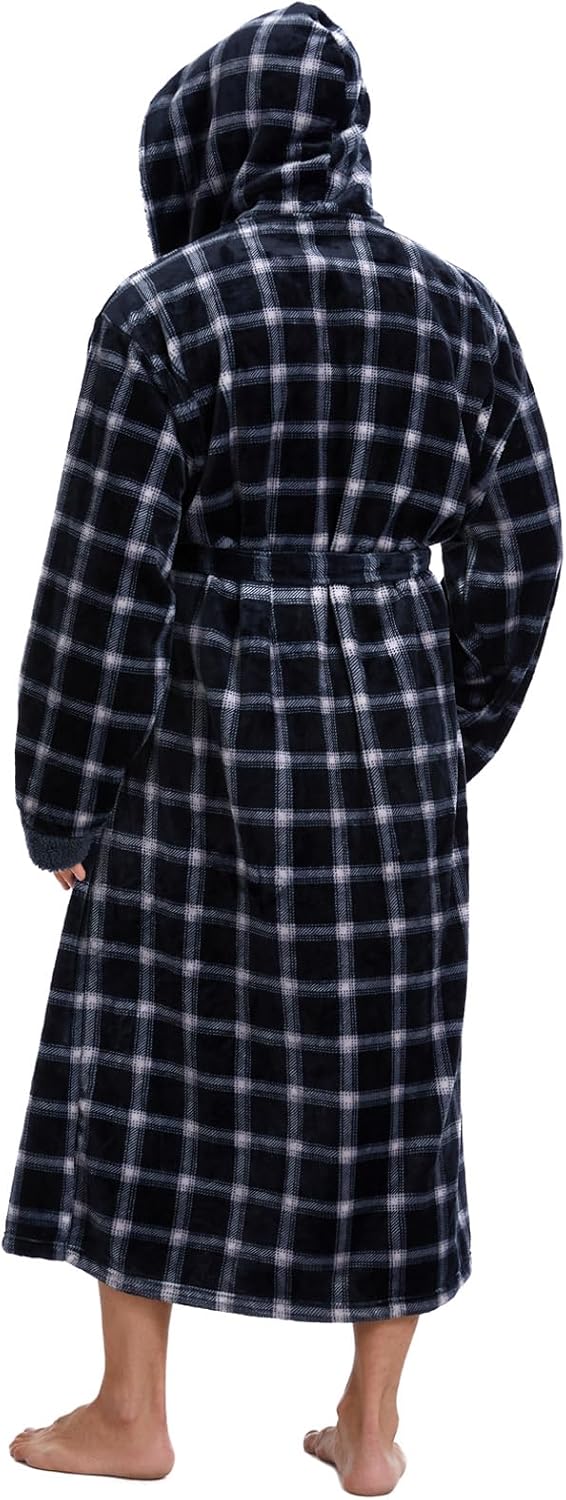 iniber Mens Hooded Robe, Soft Lightweight Plush Robes for Men, Warm Long Fleece Men's Bathrobe with Pockets