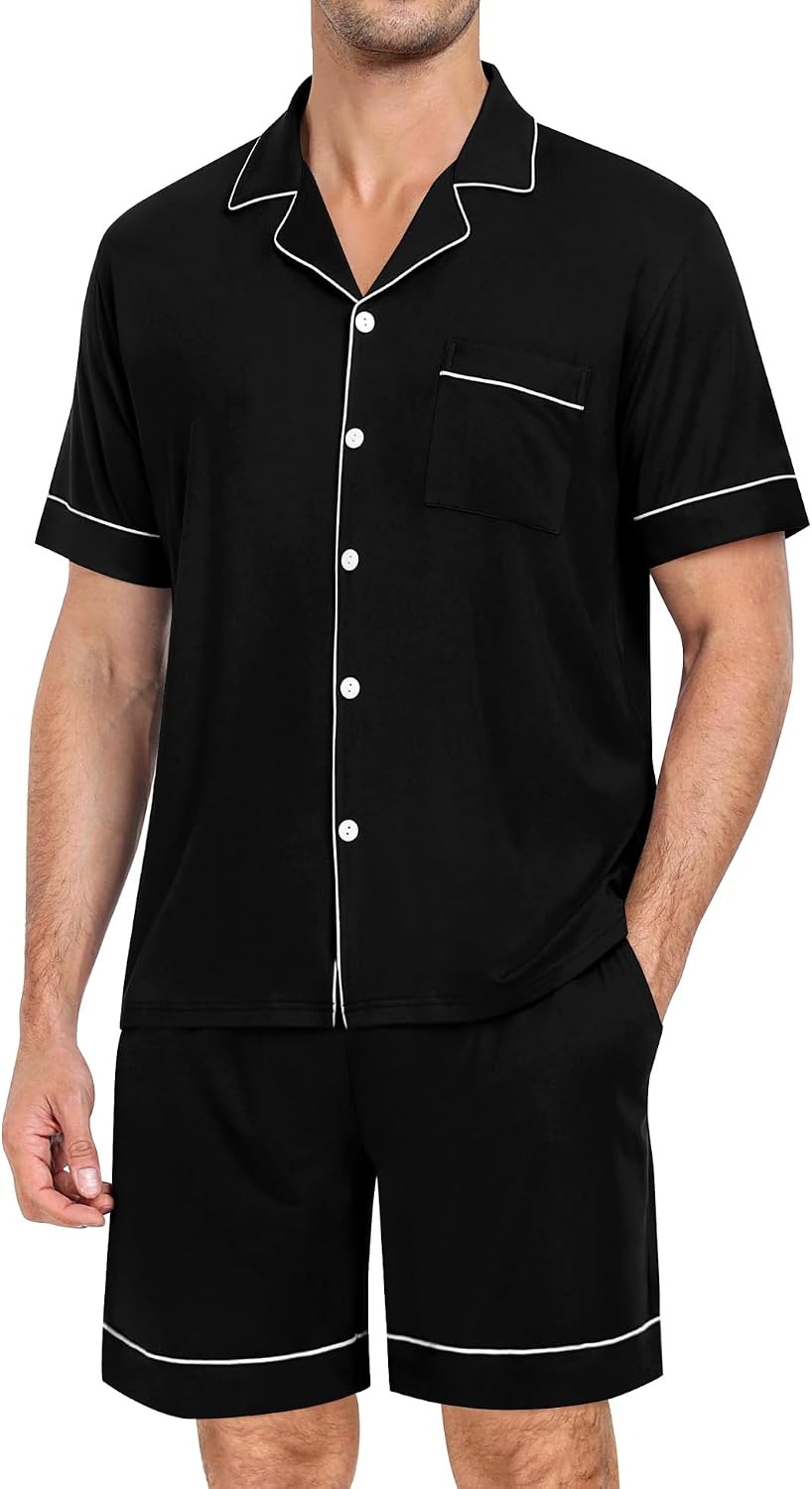 SWOMOG Mens Pajama Set Short Sleeve 2 PCS Sleepwear Button Down Soft Loungewear Modal Set Pj Set with Pockets S-3XL